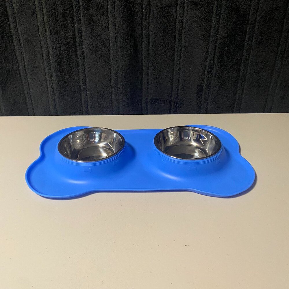 2/$15 - 2 Bowl Blue Feeding Mat with Stainless Steel Bowls
